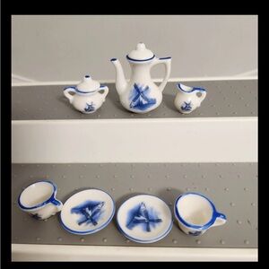 Dollhouse Miniature Tea Set With Blue Windmill Pattern Porcelain Coffee VTG